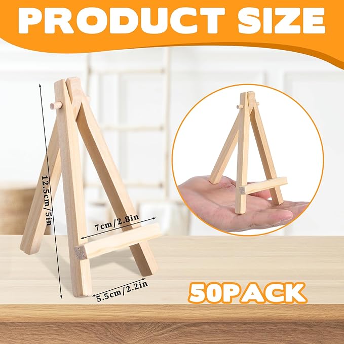 50 Pcs Mini Easels 5 Inch Mini Easel Stand Wooden Easel Art Craft Painting Triangle Stand Canvas Holder Small Easels for Display Card Photos Tabletop Phone Wedding