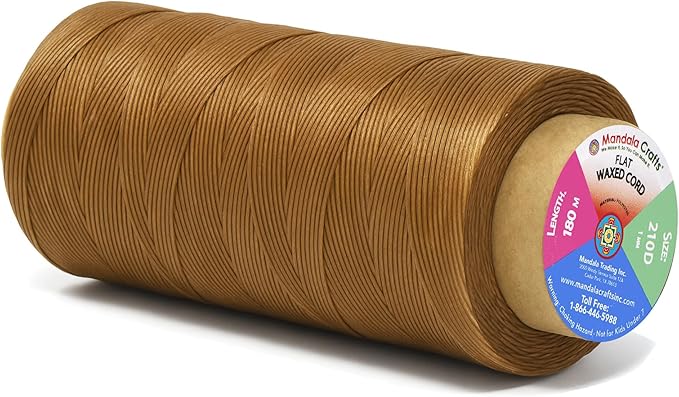 Mandala Crafts Tan Flat Waxed Thread for Leather Sewing - 197 Yds 210D 1mm Polyester Leather Thread String Waxed Cord for Leatherwork, Beading, Bookbinding, Hand Stitching