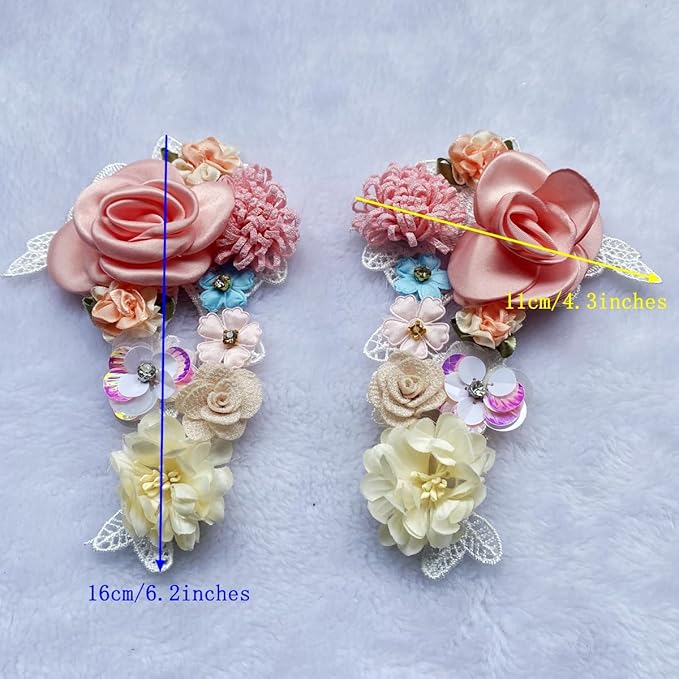 1 Pair of Multicolor Embroidery Rhinestone Crystal Sequin Lace Applique Sewing Flower Fabric Patch Wedding Gown Dress Bridal DIY Crafts (Multicolor I)