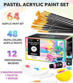 64 PCS Pastel Acrylic Paint Set with 12 Brushes, 2 Knives & Palette, 48 Colors (2oz/60ml) Art Craft Paint for Adults Kids Artists Beginners, Canvas Ceramic Rocks Wood Painting Kit Art Supplies