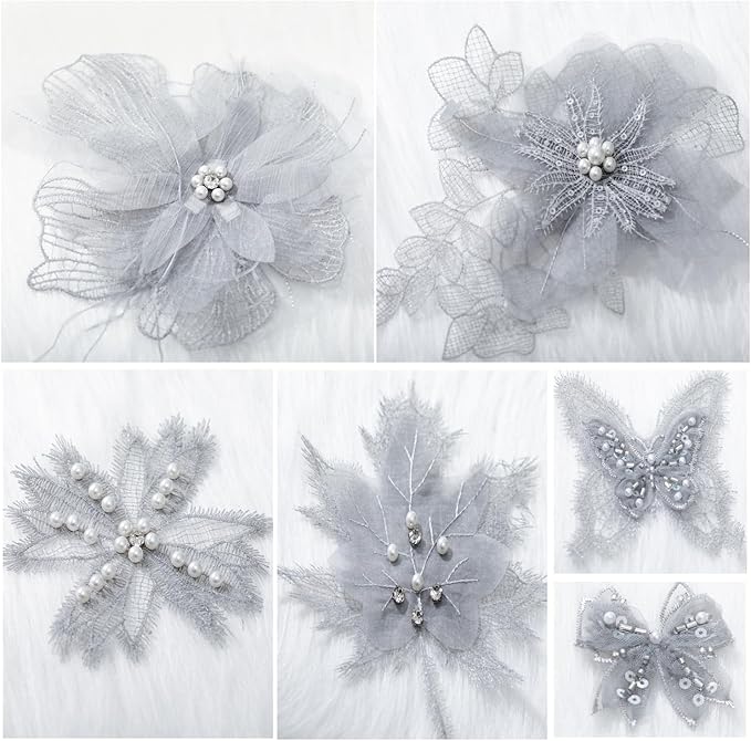6 Pieces 3D Flower Lace Embroidery Butterflies Appliques Pearl Patches for Repairing and Decorating, Sewing Craft Clothing Jeans Jackets Bags (Gray)
