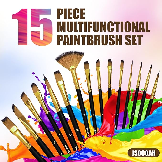 15-Piece Paint Brush Set, Professional Artist Paint Brushes for Kids and Adults - Perfect for Canvas, Fabric, Watercolor, Oil or Acrylic Painting - Ideal for Beginners & Professionals