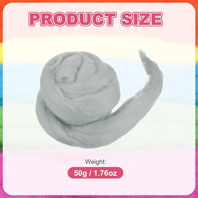 MECCANIXITY Wool Roving Yarn Soft Felting Wool 50g/1.76oz Pure Chunky Roving Yarn for Needle Felting Knitting Blanket Spinning Weaving Art DIY Craft Light Gray
