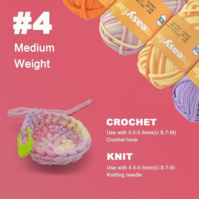 4x50g Beginner Crochet Yarn for Crocheting and Knitting; Beginner Easy Yarn kit with Tool Set (Macaron+Yellow+Orange+Purple, 4 Skein)