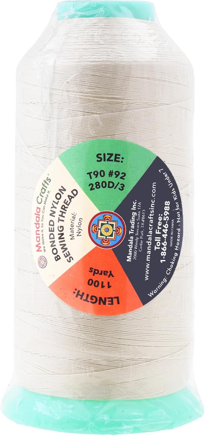 Mandala Crafts Bonded Nylon Thread Off White Heavy Duty Sewing Threads - 1100 YDs Size 92 280D T90 Tex 90 Thread for Leather Jeans Weaving Outdoor Marine Upholstery Threads