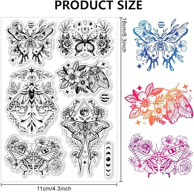 CHGCRAFT Moth Flowers Clear Stamps Moon Phase Silicone Stamps Craft Stamps for Journaling Card Making DIY Scrapbooking Handmade Photo Album Notebook