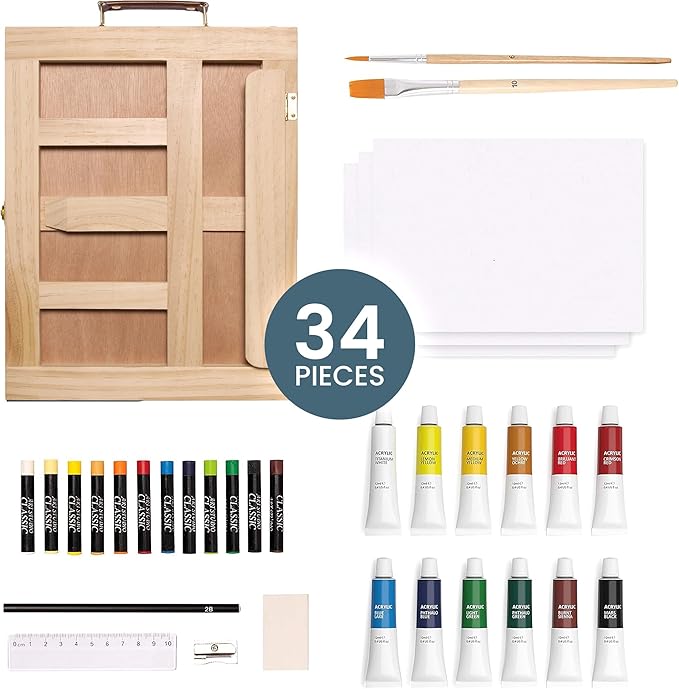 Artistik Mixed Media Easel Art Set – 34-Pc Wooden Desktop Easel Box Paint Set with Acrylic Paints, 3 Canvas Boards & Oil Pastels – Beginners & Artists Painting Kit