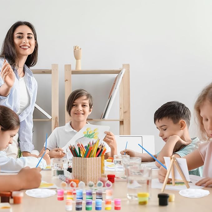 Qilery 24 Set 4 x 4 Inch Mini Canvas Panels and Easel Painting Kit, 12 Colors Acrylic Strips Palettes Brush, Art Set for Kids Oil Paint Crafts Birthday Party Favors