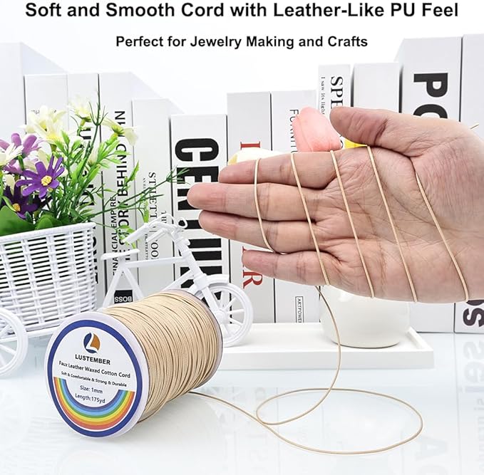1mm Faux Leather Waxed Cotton Cord, 175 Yards – Durable Necklace String, Soft and Textured Cord for Necklaces, Bracelets, and Jewelry Making