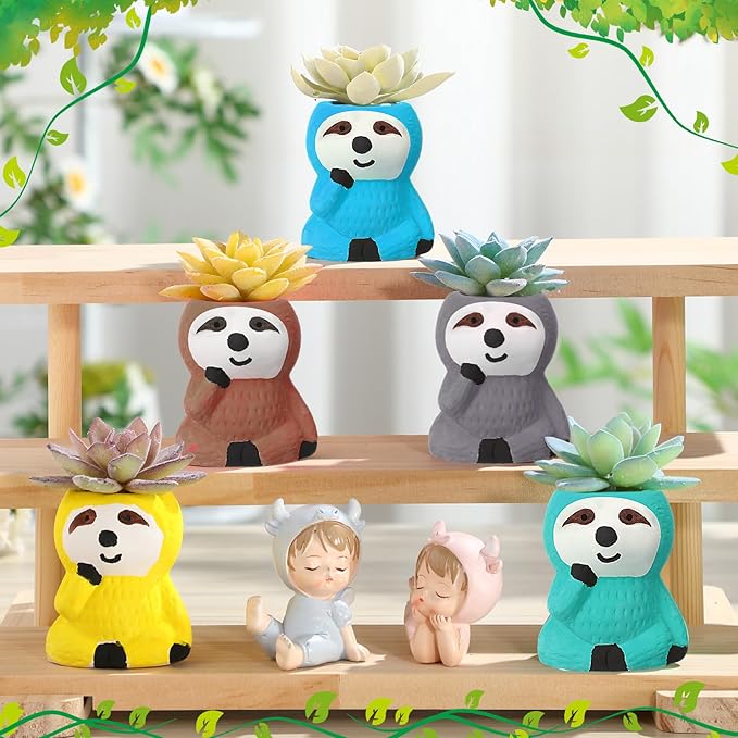 Pasimy 6 Set DIY Ceramic Succulent Planter Pots Paint Your Own Flower Pots Craft Kit Unpainted Bisque Paintable Flowerpot with Brush Palette Ready to Paint for Family Activity Gift(Sloth)