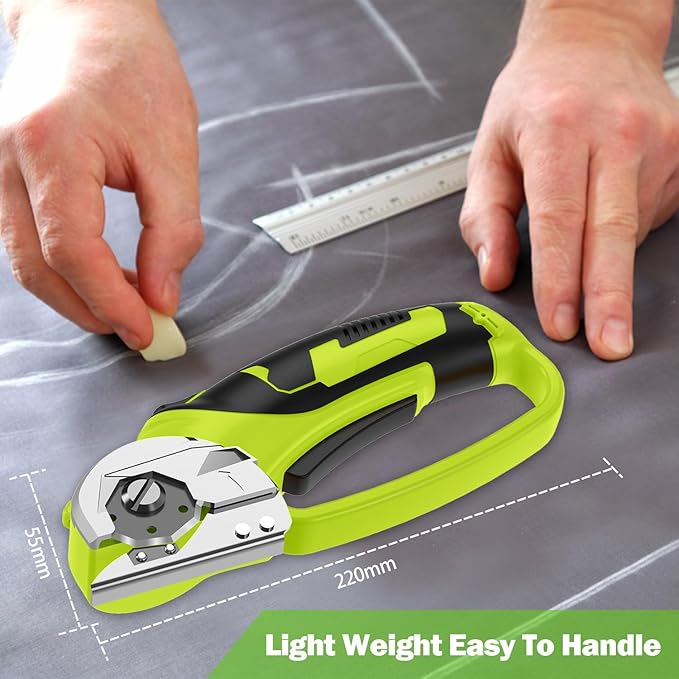 Cordless Electric Scissors, 4V Box Cutter & Cardboard Cutter with 2 Titanium Blades - Rotary Cutter with LED Light for Fabric, Leather, Carpet, Plastic, Crafting + Storage Case (Green)