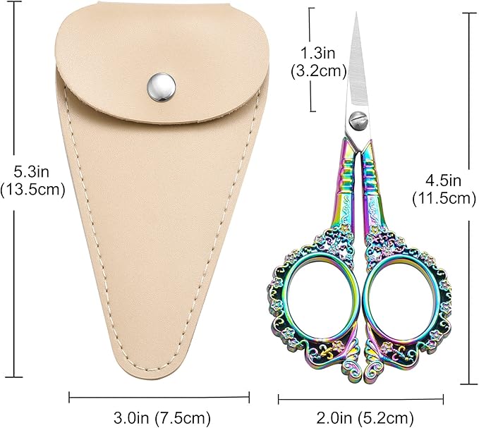 Embroidery Scissors, 4.5in Small Sharp Pointed Tip Vintage Detail Shears with Sheath for Craft, Sewing, Thread Cutting, Artwork, Needlework Rainbow