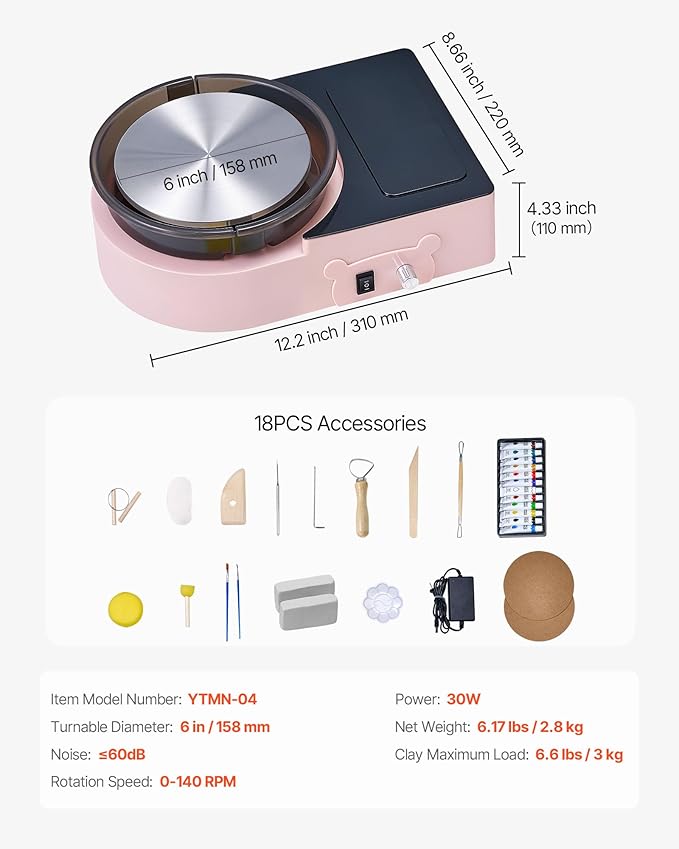 VEVOR Mini Pottery Wheel for Kids and Beginners, 6” Turntable, Two-Way Rotation, Adjustable Speed, Complete Pottery Set with Clay Art Supplies Sculpting Tools, Craft Gifts for Kids Teens Adults, Pink