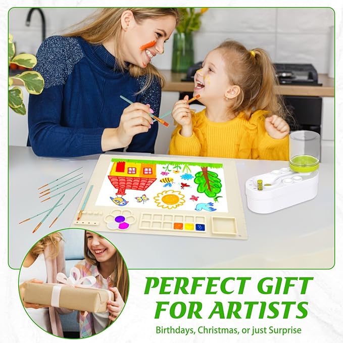 2025 New Painting Station, Paint Brush Cleaner (Pre-Assembled) and Silicone Painting Mat 20" X 16" Silicone Art Mat with 10 Paint Brushes for Artist Kids Adults Birthday Gifts (Green)