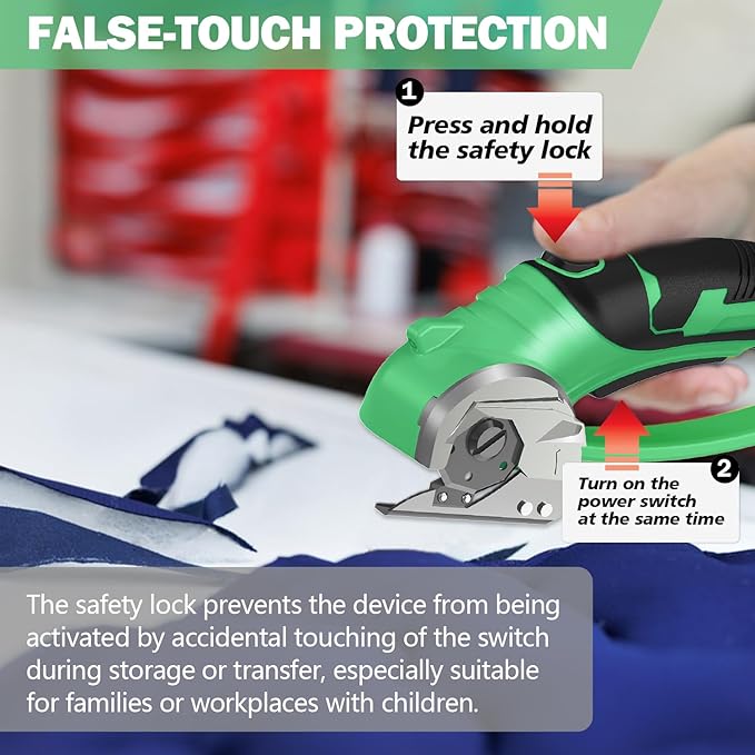 Cordless Electric Scissors, 4V Box Cutter & Cardboard Cutter with Upgrade Blade, LED Light, Safety Lock - Rechargeable Rotary Cutter for Fabric, Leather, Plastic, Sewing, Industrial (Lime Green)