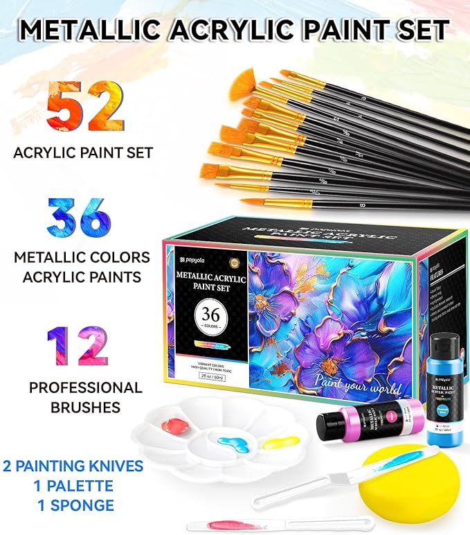 52 PCS Metallic Acrylic Paint Set with 12 Brushes, 2 Knives & Palette, 36 Colors (2oz/60ml) Art Craft Paint for Adults Kids Artists Beginners, Canvas Ceramic Rocks Wood Painting Kit Art Supplies