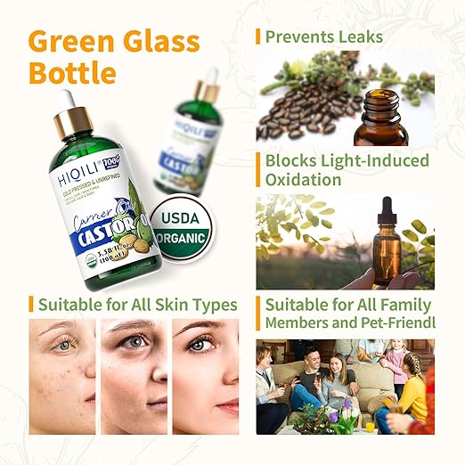 HIQILI Castor Oil Organic Cold Pressed Unrefined Glass Bottle, USDA Certified Organic, Hexane Free - Premium Grade Oil for Face, Hair Growth, Eyelash -3.38 Fl Oz