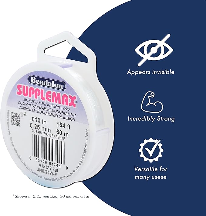 Beadalon SuppleMax Ultra Illusion Beading Cord, 0.25 mm / 0.010 in, White Monofilament, 25 m / 82 ft