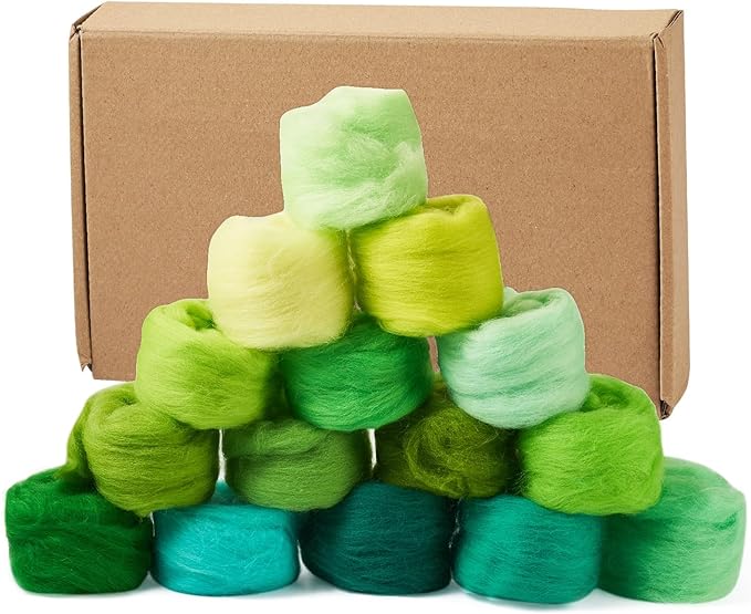 FASHEWELRY 2.6 OZ Nature Wool Roving Set Green Theme Needle Felting Wool Roving 15 Colors Wool Felting Supplies for Needle Felting Wet Felting DIY Hand Spinning
