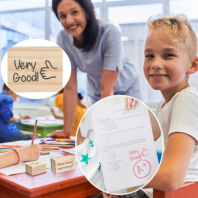 Watersay 6 Pcs Teacher Rubber Stamp Set Motivate Encouraging Messages Wooden Teaching Rubber Stamp Vintage Art for Classroom Grading Home School Teacher Supplies Back School and DIY Card Making