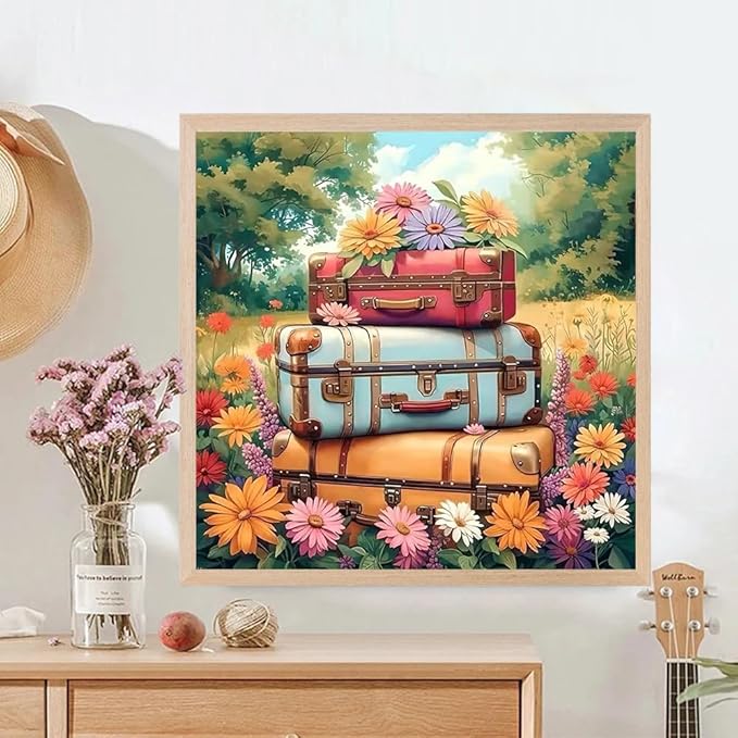 Flowers Suitcases Diamond Painting Kits for Adults, 5D Diamond Art Painting by Numbers Kits, DIY Diamond Dots Art Kits, Full Round Drill Diamond Paintings for Adults for Home Wall Decor, 13.8x13.8 in
