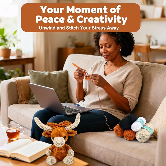 Faircosy Learn to Crochet Beginner Kit: All in One Highland Cow Crochet DIY Kit with Yarn, Crochet Hooks, Video Guide - Make Adorable Cow for Women, Teens & Adults - Great Learning Craft Gift