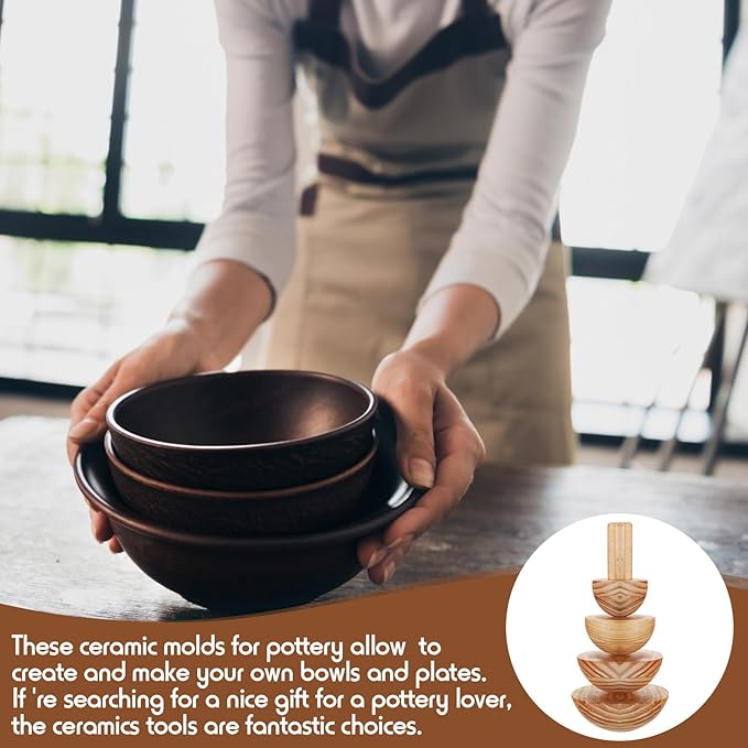 Doublefill 4 Pack Pottery Molds Plaster Molds Wood Pottery Tools with Handle for Ceramic Top Forms DIY Bowls Plate Dish Slump Press Art Making(Hemispherical,3.5'' 4.5'' 5.5'' 6.5'' Thickness 2.5'')