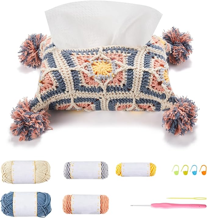 Noocro Crochet Kit Granny Square Tissue Holder, Complete DIY Kit with Detailed Instructions, Video Tutorials, for Beginners or Intermediate and Advanced Crocheters