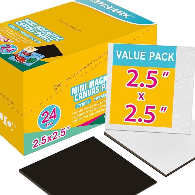 AUREUO Mini Magnetic Canvas Panel 2.5x2.5 Inch / 24 Pack - Small Square Flat Canvas Board with Magnet Back Art Gift Set Bulk Pack Tiny Thin Canvases for Acrylic Painting & Craft