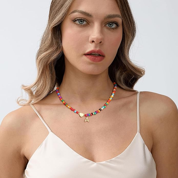 Christmas Gifts for Grandkids Teens Girls - Colorful Beaded Initial Necklace Teen Girl Gifts Trendy Stuff Dainty Letter Choker Necklace Stocking Stuffers for Teen Girls Women Jewelry
