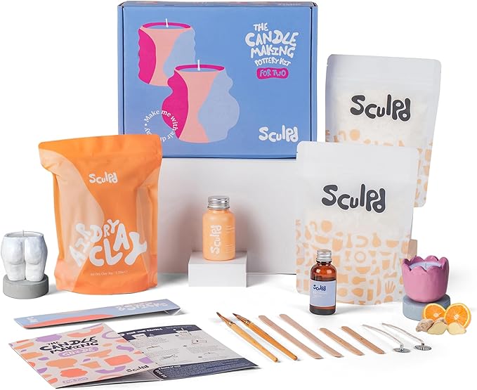 Sculpd Candle Making Pottery Kit for Adults with Air Dry Clay and Acrylic Paint Set, Non-Toxic Eco Soy Wax, Scented Fragrance Oil, Candle Glaze, Tools & Guide, 2 Candles, Orange Ginger