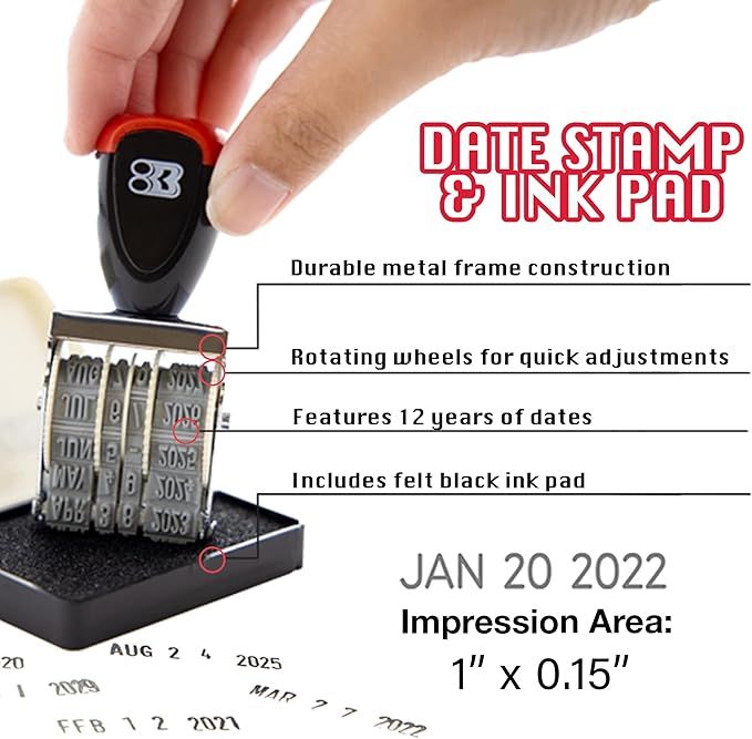 BAZIC Date Stamp and Ink Pad (Black Ink), 12 Years of Dates, Nickel-Plated Steel, Stamp Impression Size 1" x 0.15", Great for Office, Shipping, Receiving, Accounting, Expiration, Due Dates, 2-Pack