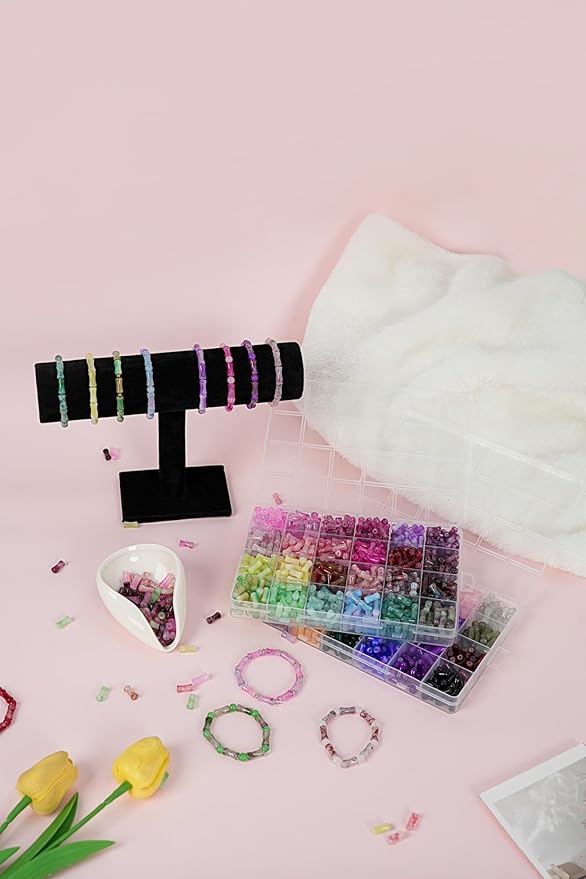 54 Colors 1500pcs Bamboo Glass Beads for Jewelry Making,6 * 12mm Glass Beads Bracelets Making Kit, 2 Types Natural Bamboo Crystal Beads for DIY Bracelet Necklace Crafts,Gifts for Girls Aged 6-15