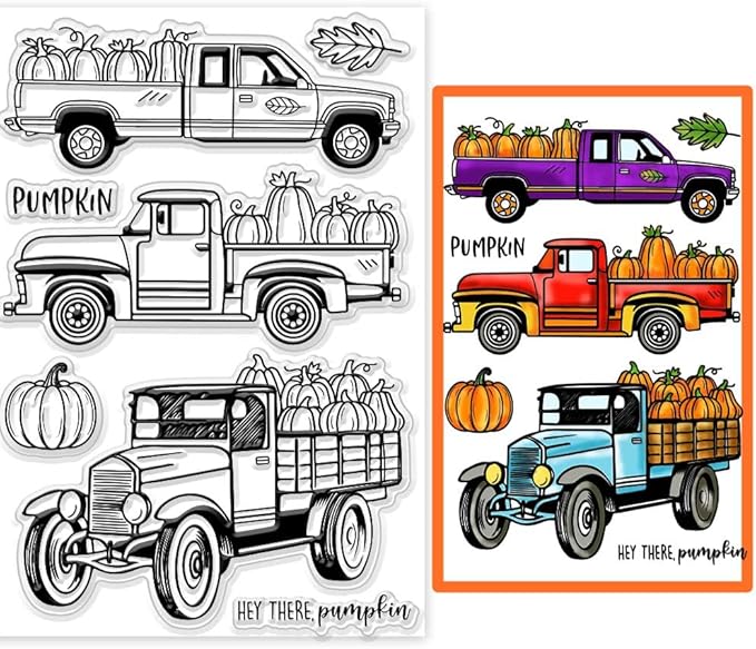GLOBLELAND Autumn Truck Pumpkin Clear Stamps Harvest Maple Leaves Silicone Clear Stamp Seals Text Transparent Stamps for DIY Scrapbooking Cards Making Photo Album Journal