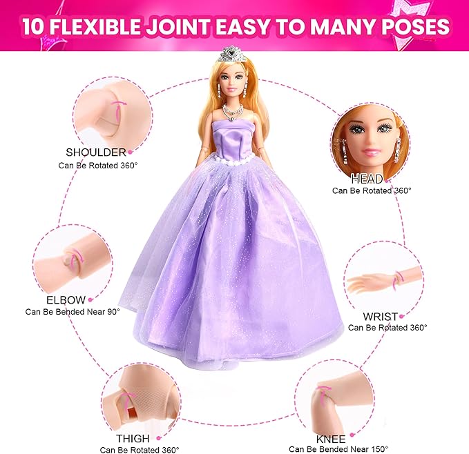 UCanaan 180 Pcs Doll Clothes and Accessories Set, Princess Gowns, Dresses, Tops, Pants, Shoes, Hangers, Fashion Doll Wardrobe, Ages 3+ Best Gitfs for Girls Christmas Birthday