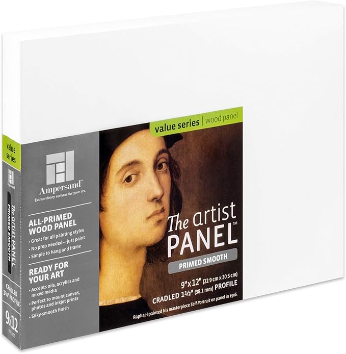 Ampersand Art Supply Wood Gesso Artist Painting Panel: Primed Smooth, 9" x 12", 1-1/2" Cradled Profile