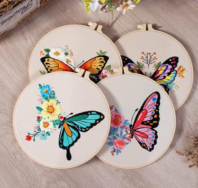 Konrisa Embroidery Kits with Butterfly Flower Pattern, Stamped Embroidery Starter Kit for Beginners Adults Needlepoint Kits Include Embroidery Fabric Embroidery Hoop Threads and Needles,Set of 2