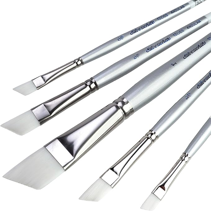 Silver Brush Limited SW-1587S Silverwhite Short Handle Angle Brushes with Soft Synthetic Taklon, 5pc Premium Artist Painting Bundle for Acrylics, Watercolor, Gauche, Ink, Dye, Craft Paint, & Tempera