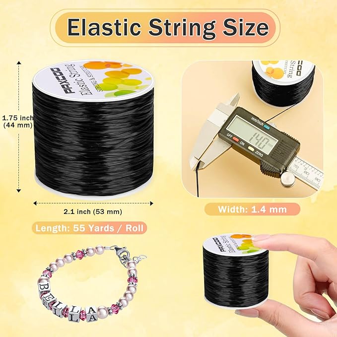 PAXCOO 1.4 MM Elastic String for Bracelets, Stretch Magic Elastic String Bead Cord Jewelry Thread for Friendship Bracelet, Necklaces, Clay Beads, Pony Beads (Black)