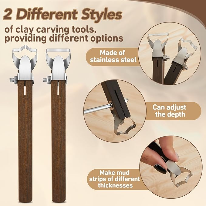 Therwen 2 Pcs Sculpture Scraper Pottery Carving Tool Pottery Cup Handle Shape Clay Extruder Tool Teacup Mug Handgrip Clay Cutters with Wooden Handle for Ceramic Sculpture Craft(Simple Style)