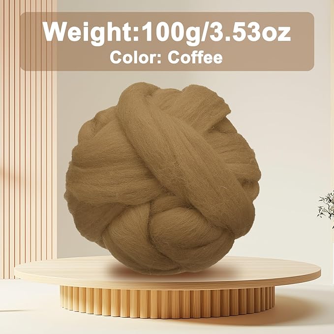uxcell 3.53oz Wool Roving Yarn, Needle Felting Wool Fiber DIY Craft Needle Wet Felting Supplies for Blending Weaving Handcrafts, Coffee