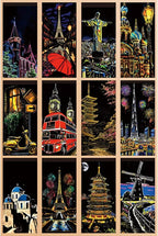 Scratch Art Painting Scratch Paper Rainbow Painting Sketch Pads DIY Art Craft Set， 4 Pcs Vincent Van Gogh Engraving and 24Pcs Classic Landmarks and Animal Series for Kids & Adults with 3 Tools