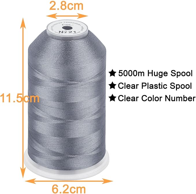 New brothread - Single Huge Spool 5000M Each Polyester Embroidery Machine Thread 40WT for Commercial and Domestic Machines - Gray(Janome Color)