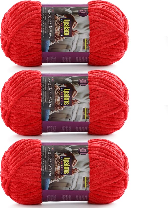 Chunky Chenille Yarn for Crocheting - 3x100g/3.5oz Baby Blanket Yarn for Crocheting Soft - 262 Yards Fluffy Thick Plush Yarns for Knitting Blankets Amigurumi (3, Red)