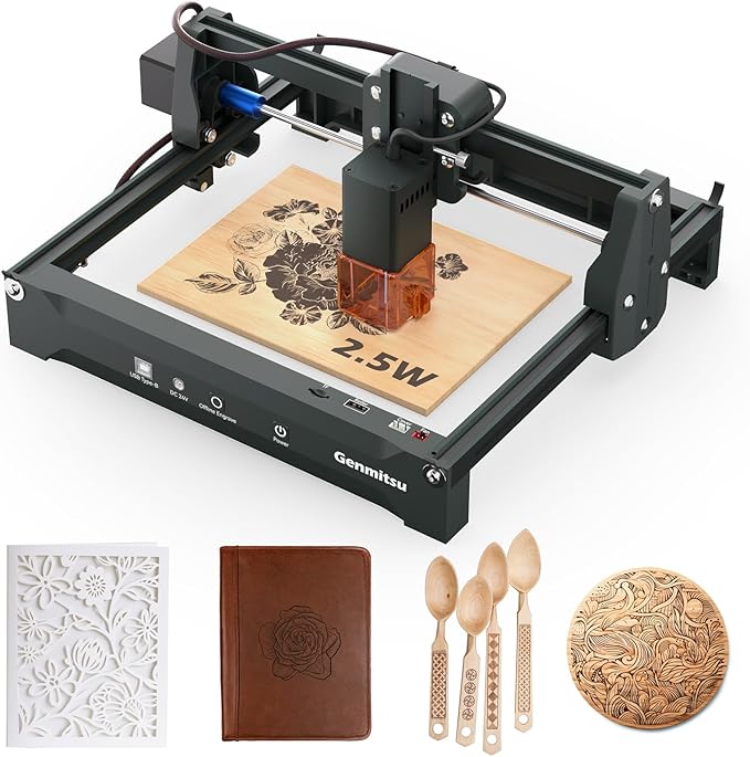 Genmitsu Laser Engraver Machine Kortek 2.5W, Wireless APP Supported, ±0.01mm High Precision, Portable Laser Engraving Machine for DIY Wood, Acrylic, Leather, Glass, Metal, Fiber, Safety Class 1
