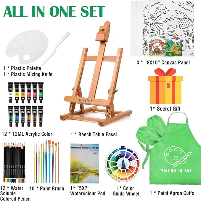 Falling in Art 52Pcs Acrylic Paint Set with Table Easel, Art Painting Kit with Acrylic Paints, Canvas Panels, Paintbrushes, Canvas Supplies Kit for Kids, Adults, Beginners, and Artists, Green