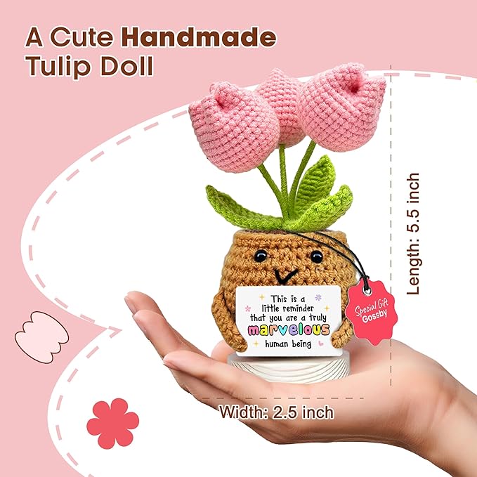 Gossby Handmade Positive Tulip Flower Crochet - This is A Little Reminder - Inspirational Gift for Women - Thank You, Appreciation, Positive Gift for Teacher, Mom, Friend, Coworker - Knitted Decor