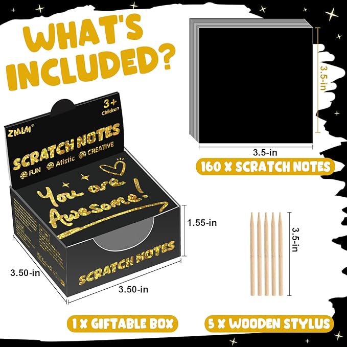 ZMLM 165 Rainbow Scratch Paper Art Crafts Mini Notes Kids Gifts 4 5 6 7 8 9 10 Years Old Girls Boys Students Teens Classroom Prizes School Supplies Birthday Party Travel Toy Activity(Gold Holographic)