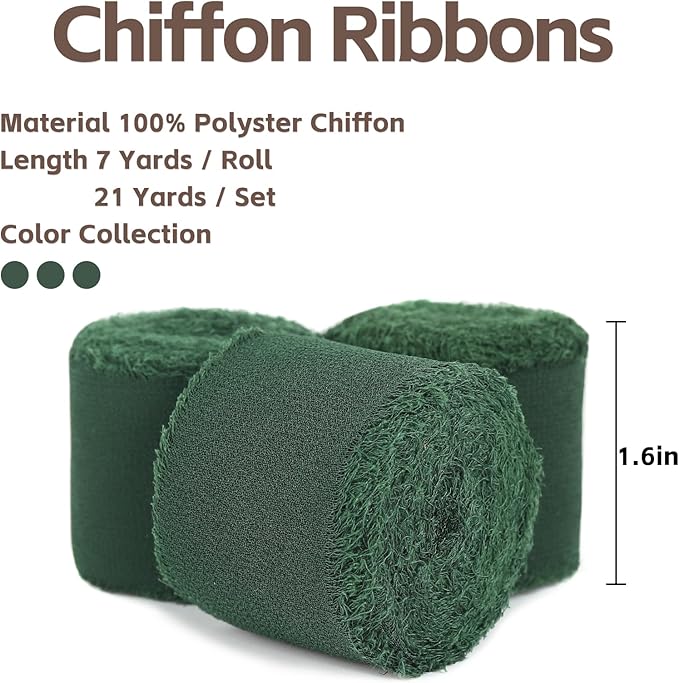 3 Rolls Dark Green Handmade Fringe Chiffon Ribbon 1.5" x 7Yd Silk-Like Colorful Rustic Ribbon for Bouquets Wrapping Decor Wedding Tie Invitations Crafts