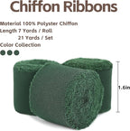 3 Rolls Dark Green Handmade Fringe Chiffon Ribbon 1.5" x 7Yd Silk-Like Colorful Rustic Ribbon for Bouquets Wrapping Decor Wedding Tie Invitations Crafts
